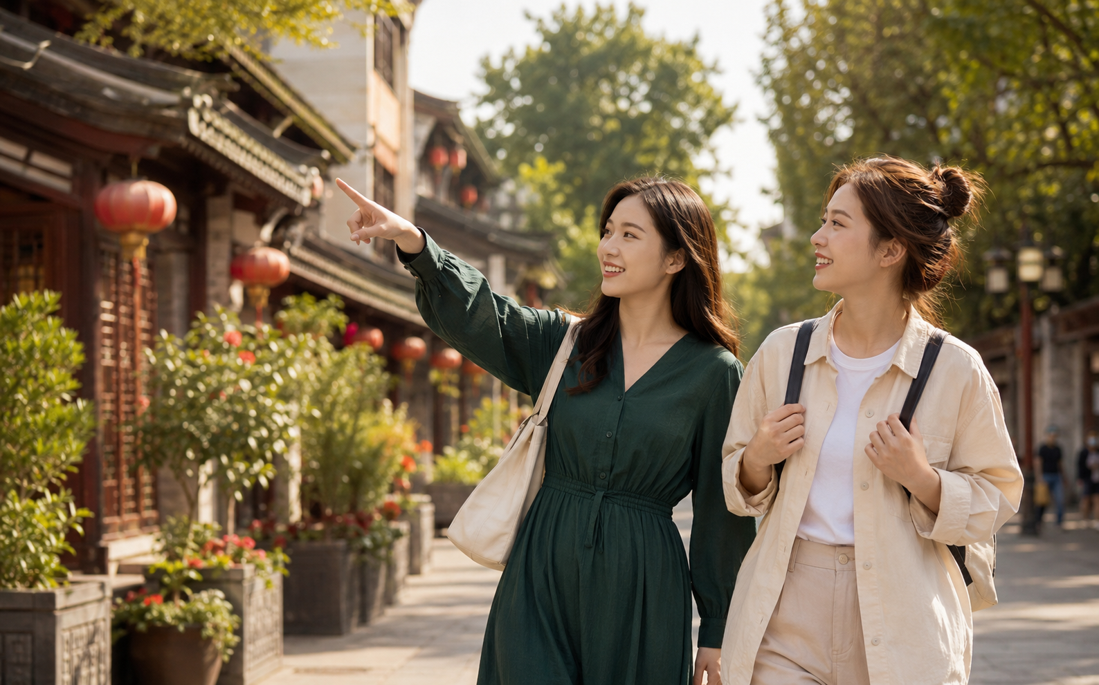 成年女性地陪与游客在古城街巷同行