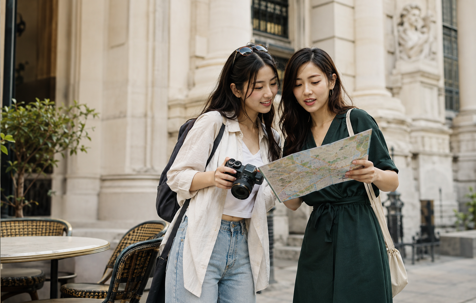 成年女性地陪与游客查看城市地图并拍照